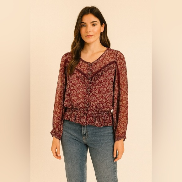 American Eagle Outfitters Tops - American Eagle Sheer Floral Blouse Large Burgundy Long Sleeve Boho Peasant Top